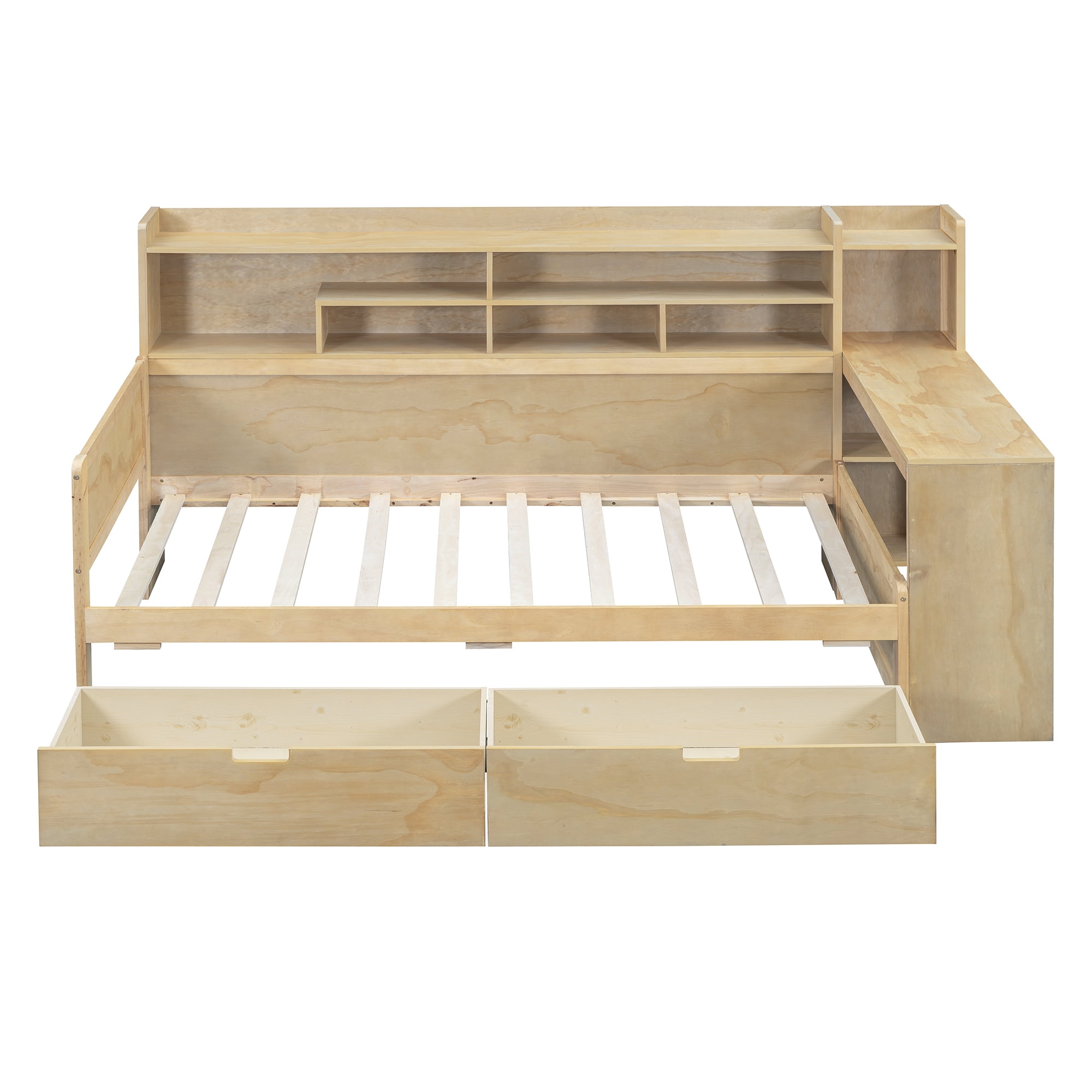 Euroco Wood Twin Size Daybed with Bookcase, Functional Shelves and Drawers for Bedroom, Natural