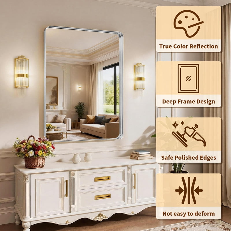 Easy4Home 50"x30" Extra Large Deep Frame Rounded Rectangle Bathroom Mirror Decor Vanity Mirror Wall Mounted,Silver
