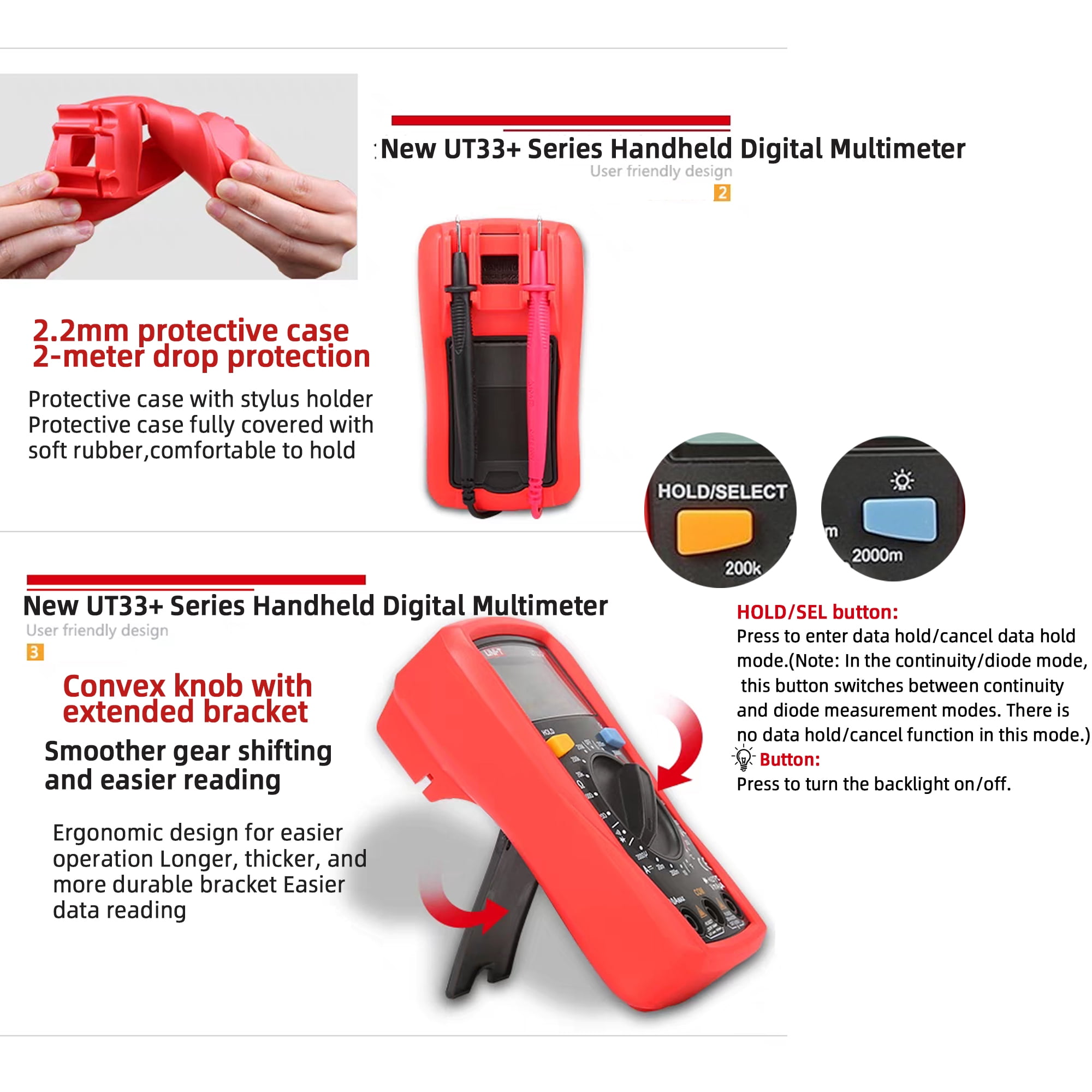 UNI-T UT33B+ LCD Digital Multimeter Battery Test Manual Range DC/AC Voltage DC Current Meter Resistance Tester Voltmeter Ammeter for Home Repairs