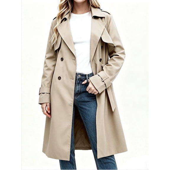 Double Breasted Women Solid Color Casual Long Trench Coat with Belt