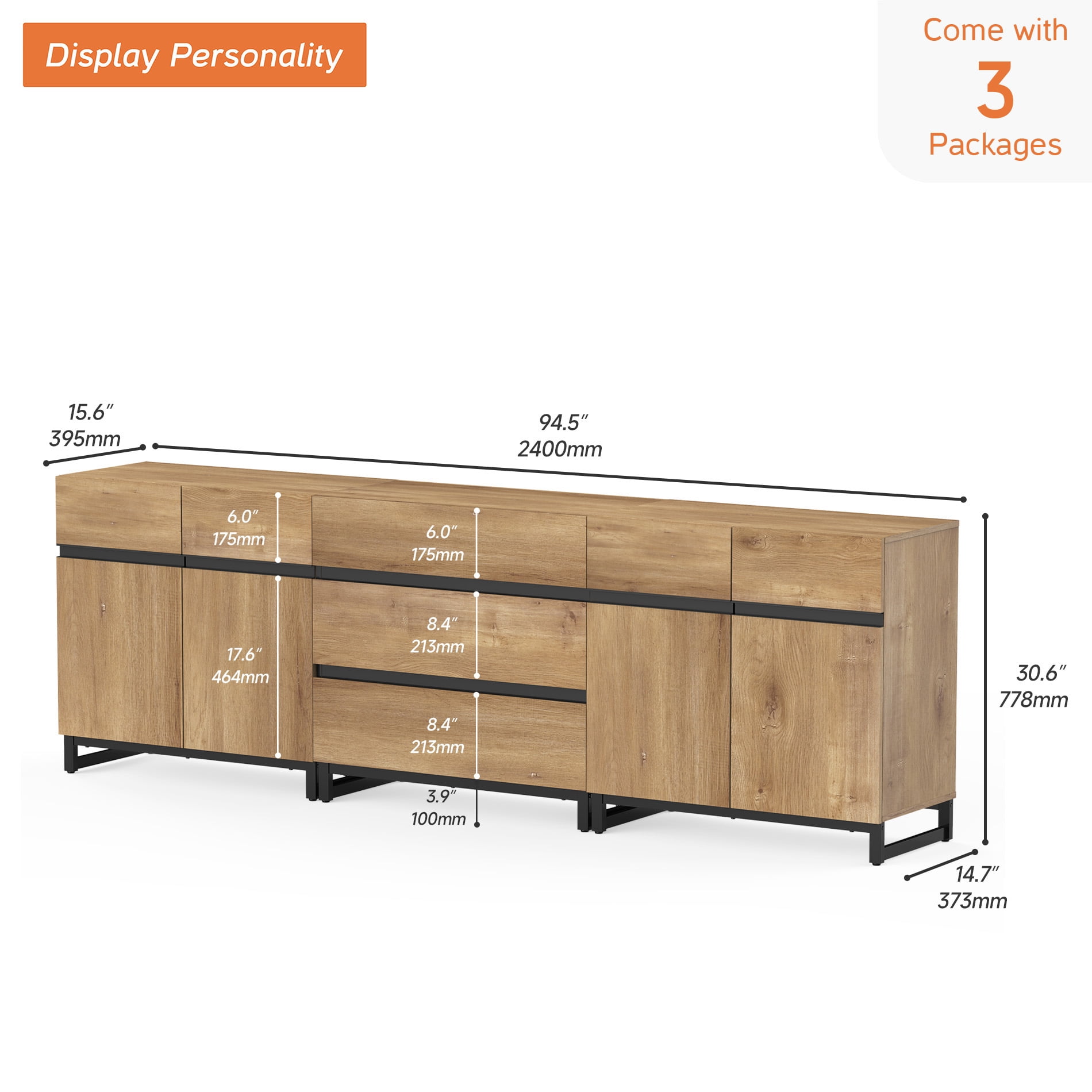 WAMPAT Modern Storage Cabinet, 3 In 1 Modern Sideboard With Adjustable Shelves And 3 Drawers, Coffee Bar Cabinet For Living Room, Dining Room