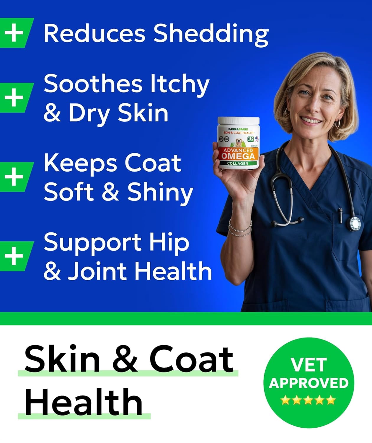 BARK&SPARK Advanced Omega-3 Collagen for Dogs - 180 Fish & Salmon Oil Treats for Dog Shedding, Skin Allergy Chews, Itch Relief, Hot Spots Treatment - Jointm Skin & Coat Supplement, EPA&DHA FattyAcids