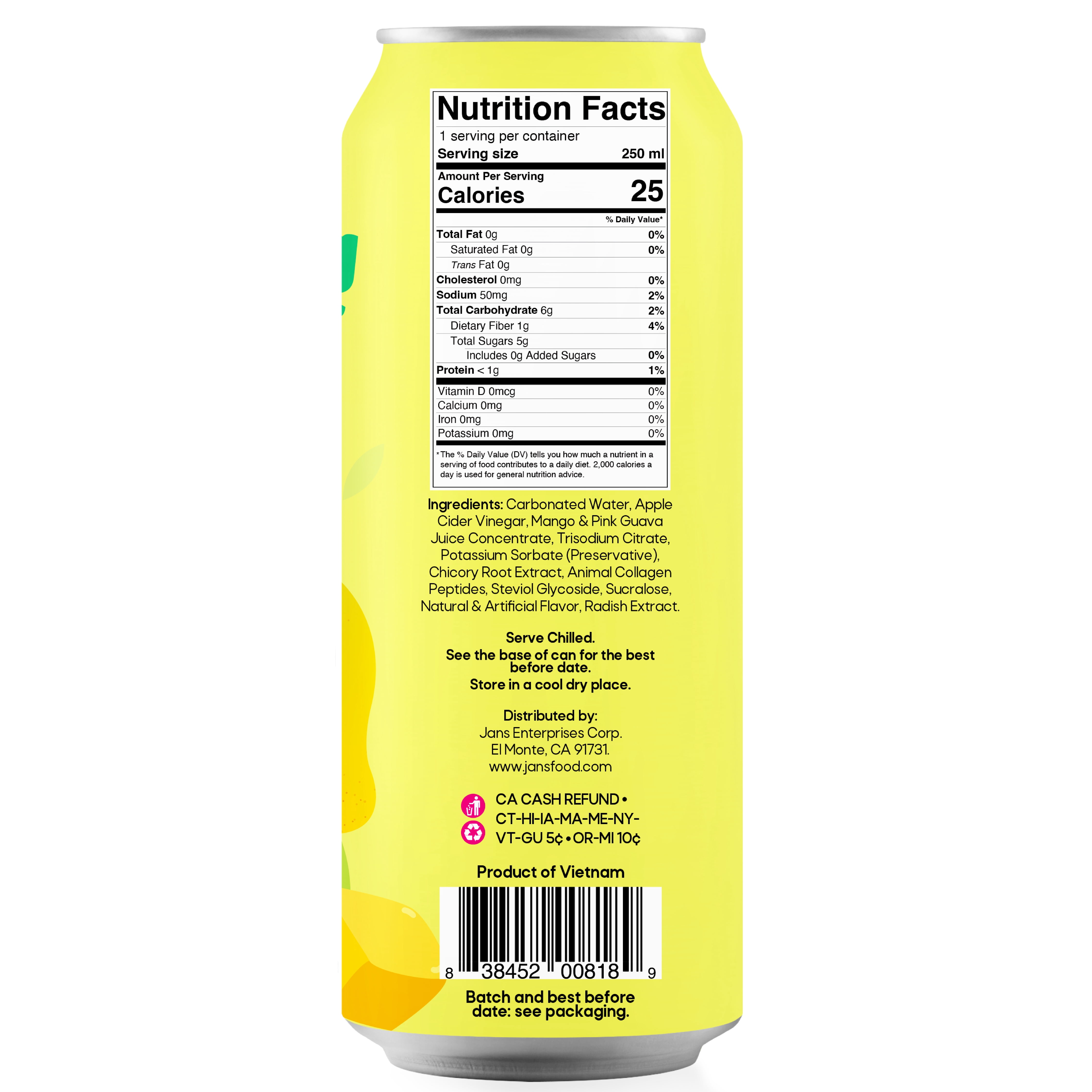 Jans Sparkling Prebiotic Soda Beverage, 8.4 oz – Low Calorie, No Added Sugar – Non-GMO Sparkling Fruit Beverage – Gut Health Support – Naturally Refreshing (24-Pack, Pink Guava & Mango with Collagen)