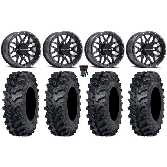 Raceline Krank 14" Wheels Black 32" MT911 Tires Can-Am Commander Maverick Renegade Outlander Defender