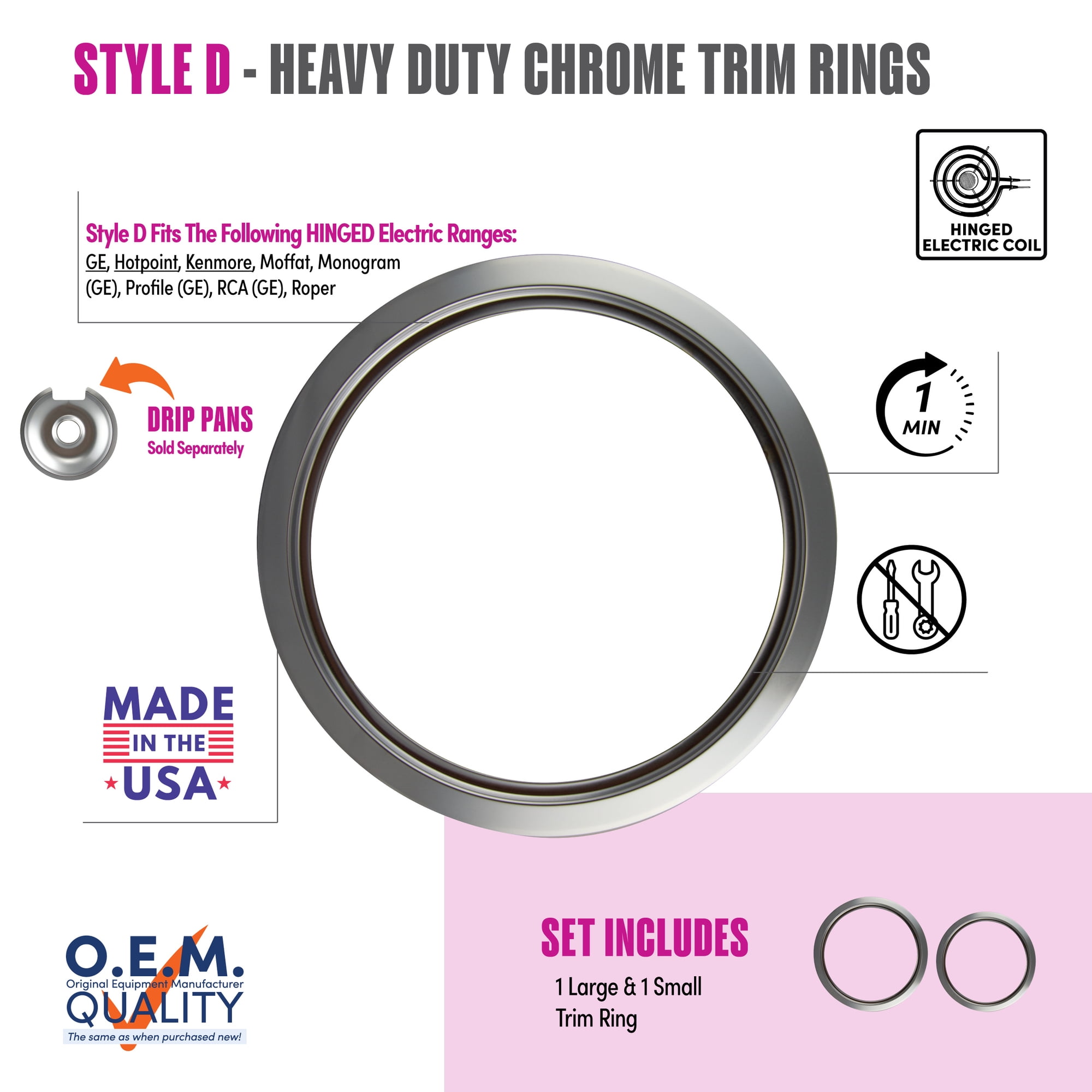 Range Kleen R68GE Style D Trim Ring Chrome 1 Small and 1 Large, 2 Pk