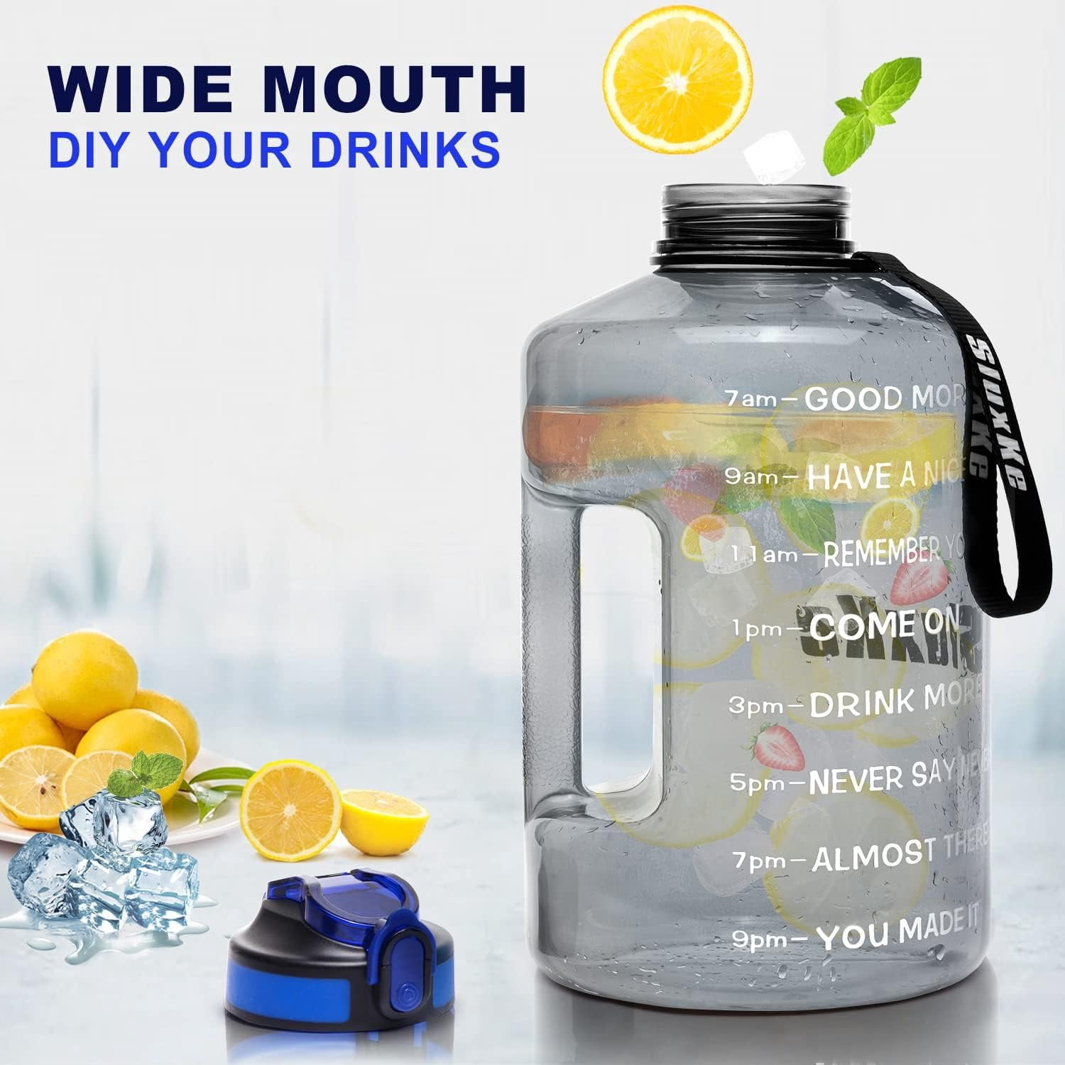 1 Gallon Motivational  Water Bottle with Time Marker,  128oz Leak Proof Jug, Black, Plastic, 128 ounces, Fitness, , Outdoor Activities