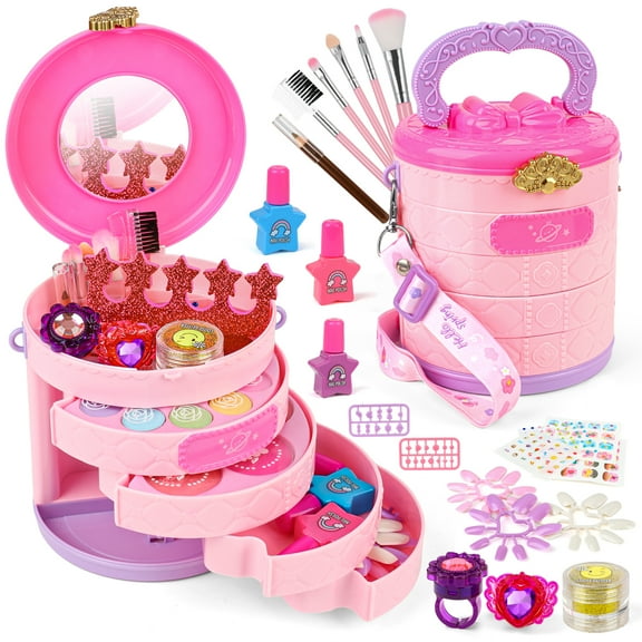 Beefunni Kids Makeup Kit for Girls, Washable Real Makeup Toys with Bucket Bag Vanity Case, Pretend Play Makeup Set with Lip Gloss, Eye Shadow, Nail Polish, Brushes, Birthday Gift for Little Princess