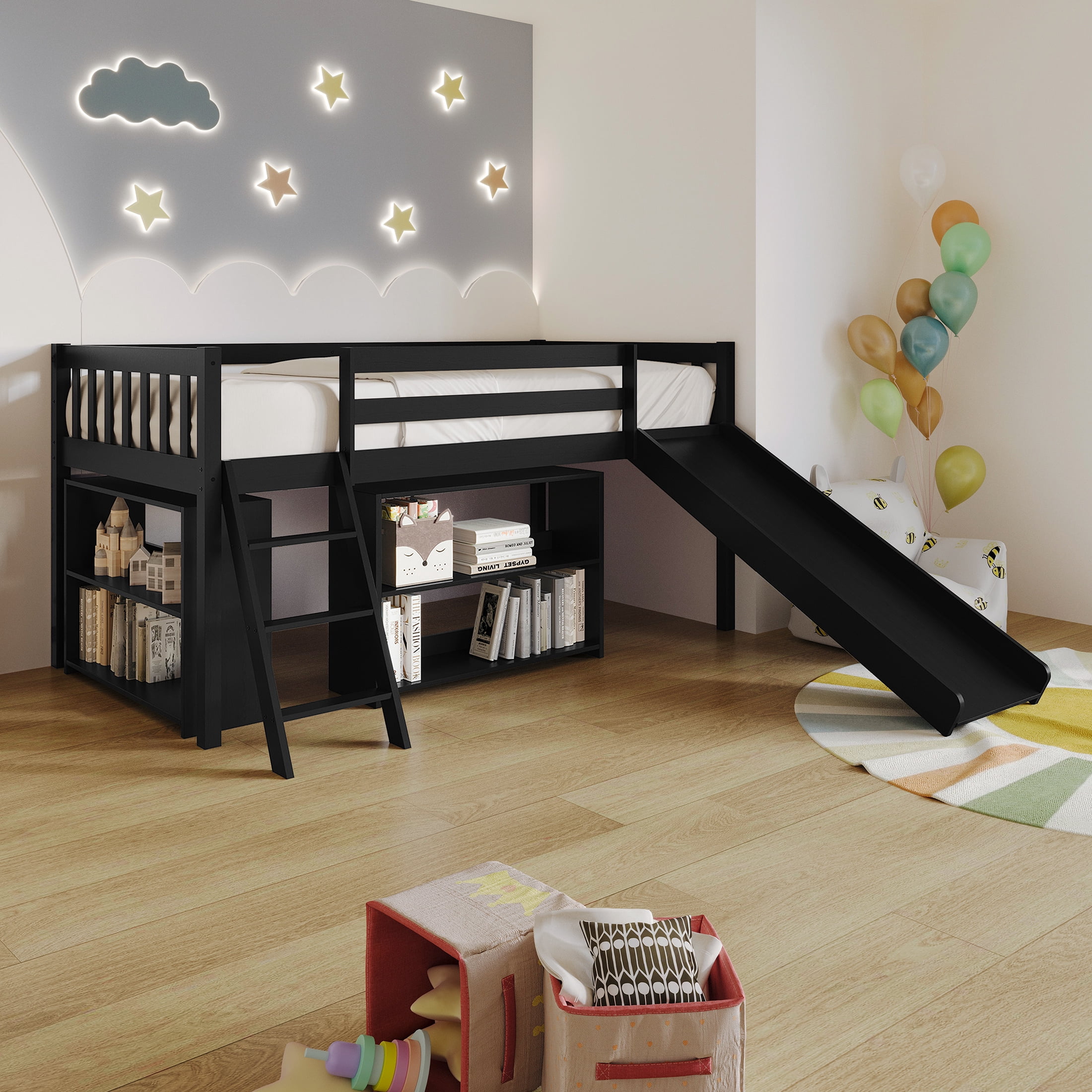Castle Place Simple Twin Loft Bed with Ladder, Black