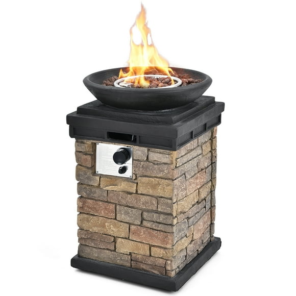 Costway Patio Propane Burning Fire Bowl Column W/ Cover 40,000 BTU & Lava Rocks