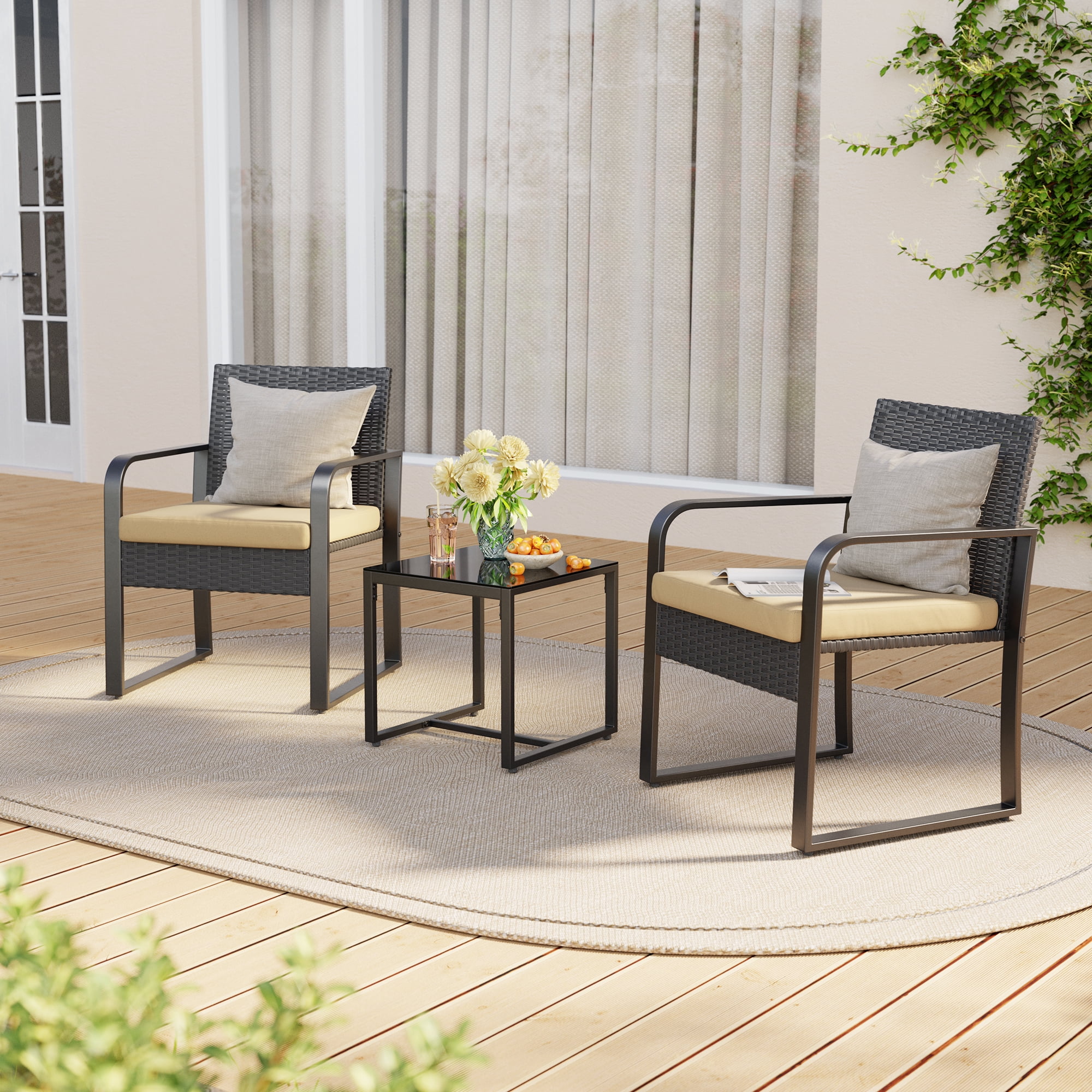 Lofka Patio Table and Chairs Set, Rattan Outdoor Furniture Set for Backyard & Porch, Beige Cushion