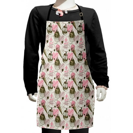 

Ice Cream Kids Apron Grunge Style Cupcakes with Murky Heart Love Romance Illustration Boys Girls Apron Bib with Adjustable Ties for Cooking Baking Painting Army Green Pale Pink by Ambesonne