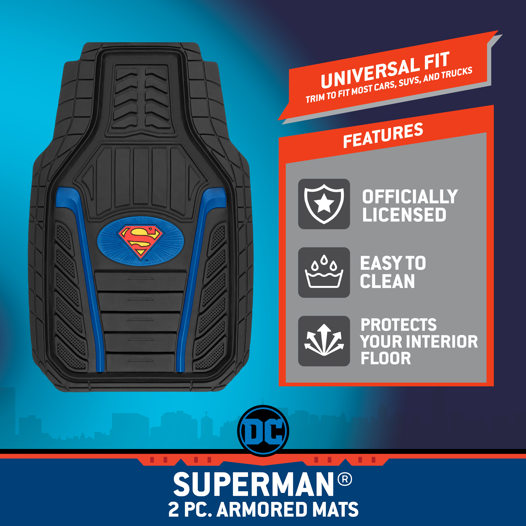 Armored Superman Car Floor Mats - Officially Licensed DC Comics - All Weather Heavy Duty Auto Interior Liners for Car Truck Van SUV