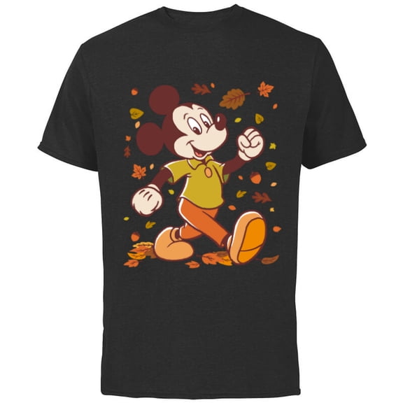 Disney Mickey Mouse Strolling Through Autumn Leaves Fall - Short Sleeve Cotton T-Shirt for Adults - Customized-Black