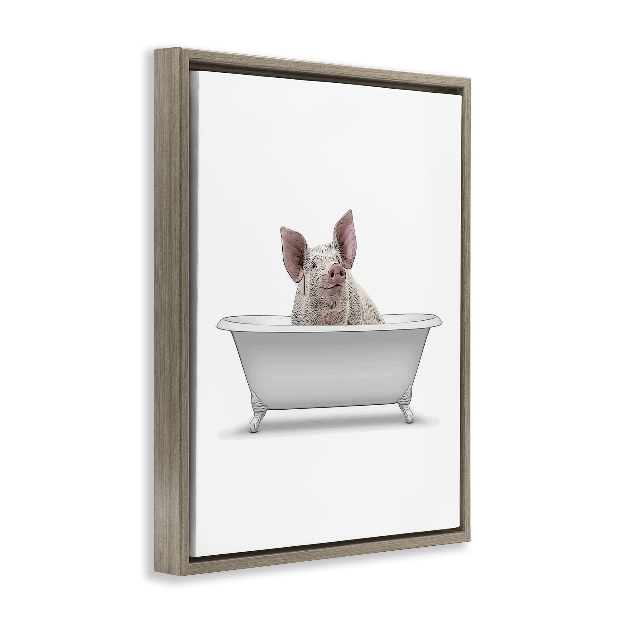 Stupell Industries Traditional Pig in Bath Bath & Laundry Painting Brown Floater Framed Canvas Art Print Wall Art, 25 x 31