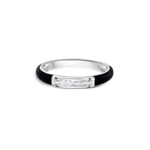 Rhodium Plated 925 Sterling Silver Clear Black Enamel Baguette Ring White CZ Female Size 5