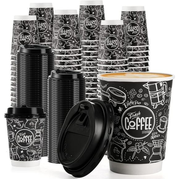 missunny-80 Pack 12 Oz Disposable Paper Coffee Cups with Lids, Printed Patterns to Go Disposable Hot & Cool Beverage Drinking Cups Paper Party Cups Bulk for Office, Cafe, Travel, Party