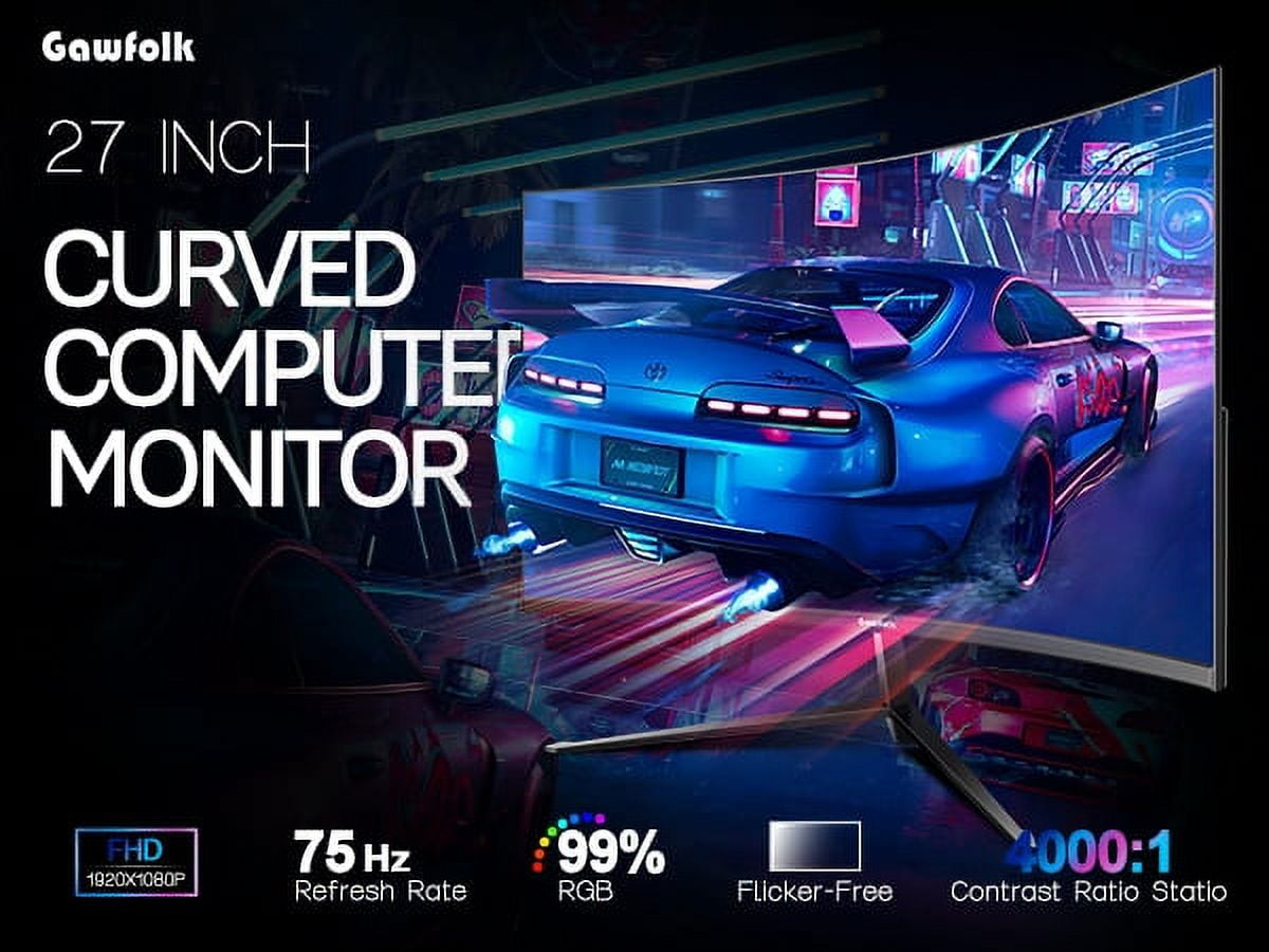 Gawfolk 27" Curved Monitor, FHD 1080P 75Hz 1800R Ultra-Thin Bezel-less VA Display HDMI VGA Port, Computer Monitor
