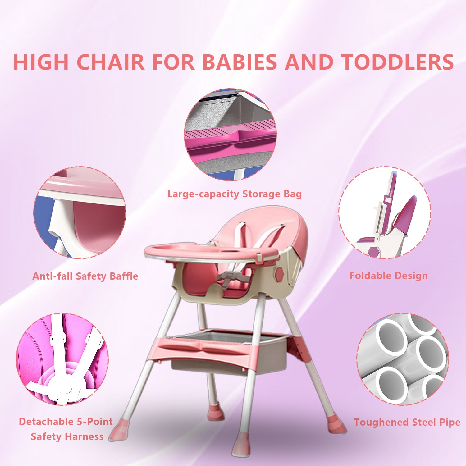 XunKA 4-in-1 Baby High Chair, Portable Dining Chairs Eat & Play with Double-Layer Dinner Plate and Toy Rack,for Months Infants and Toddlers,Purple.