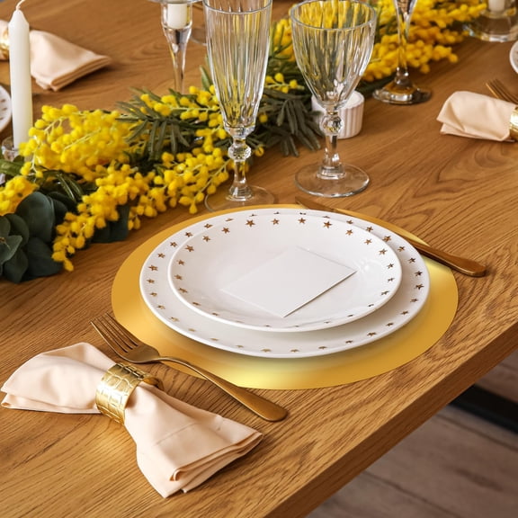 YUYAN-100pcs Gold Paper Placemats, 13" Disposable Charger Plates, Round Foil Place Mats and Drink Coasters for Kitchen Dining Table Wedding Birthday Party Banquet Supplies Thanksgiving Christmas