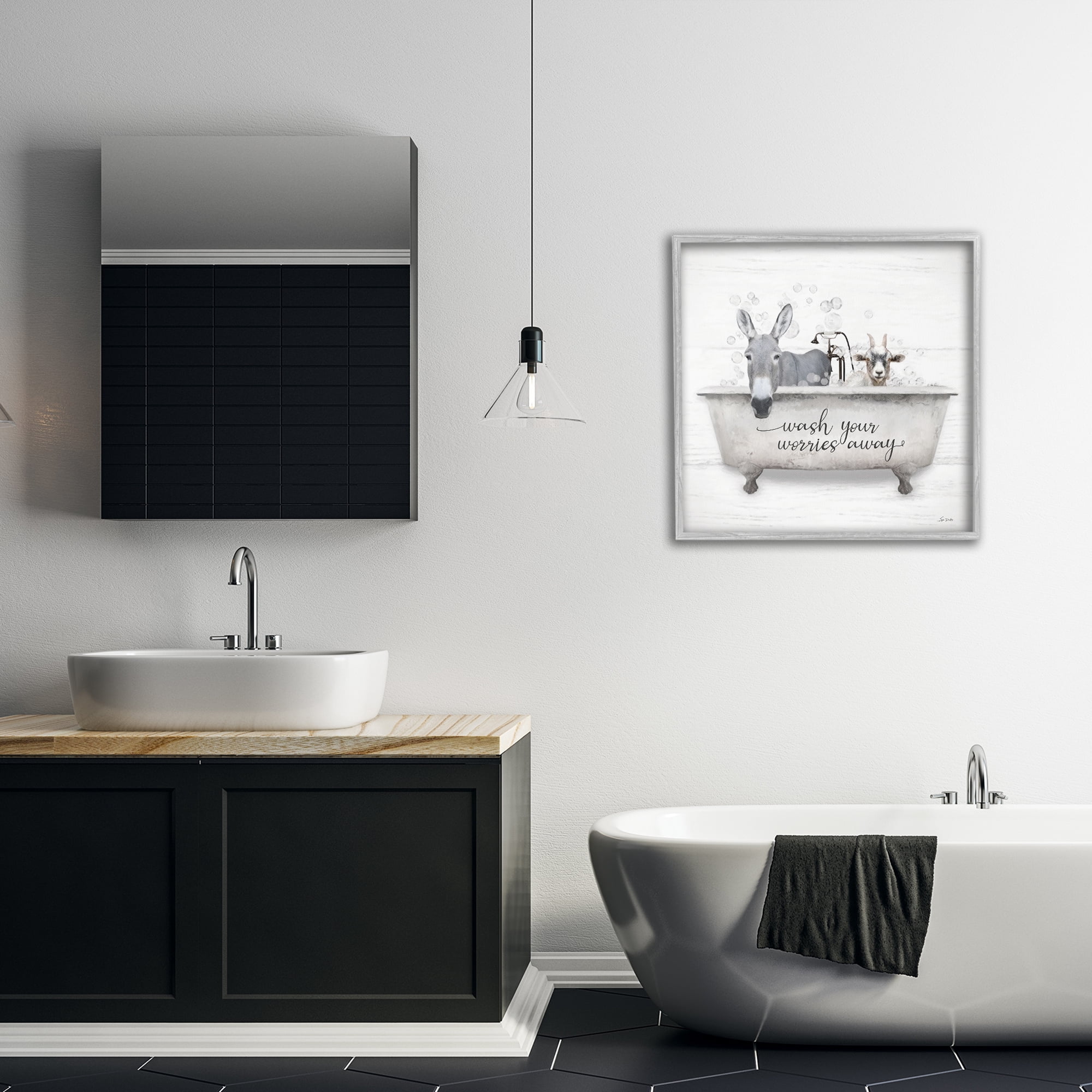 Stupell Industries Wash Worries Away Tub Typography Painting Gray Framed Art Print Wall Art, 24 x 24