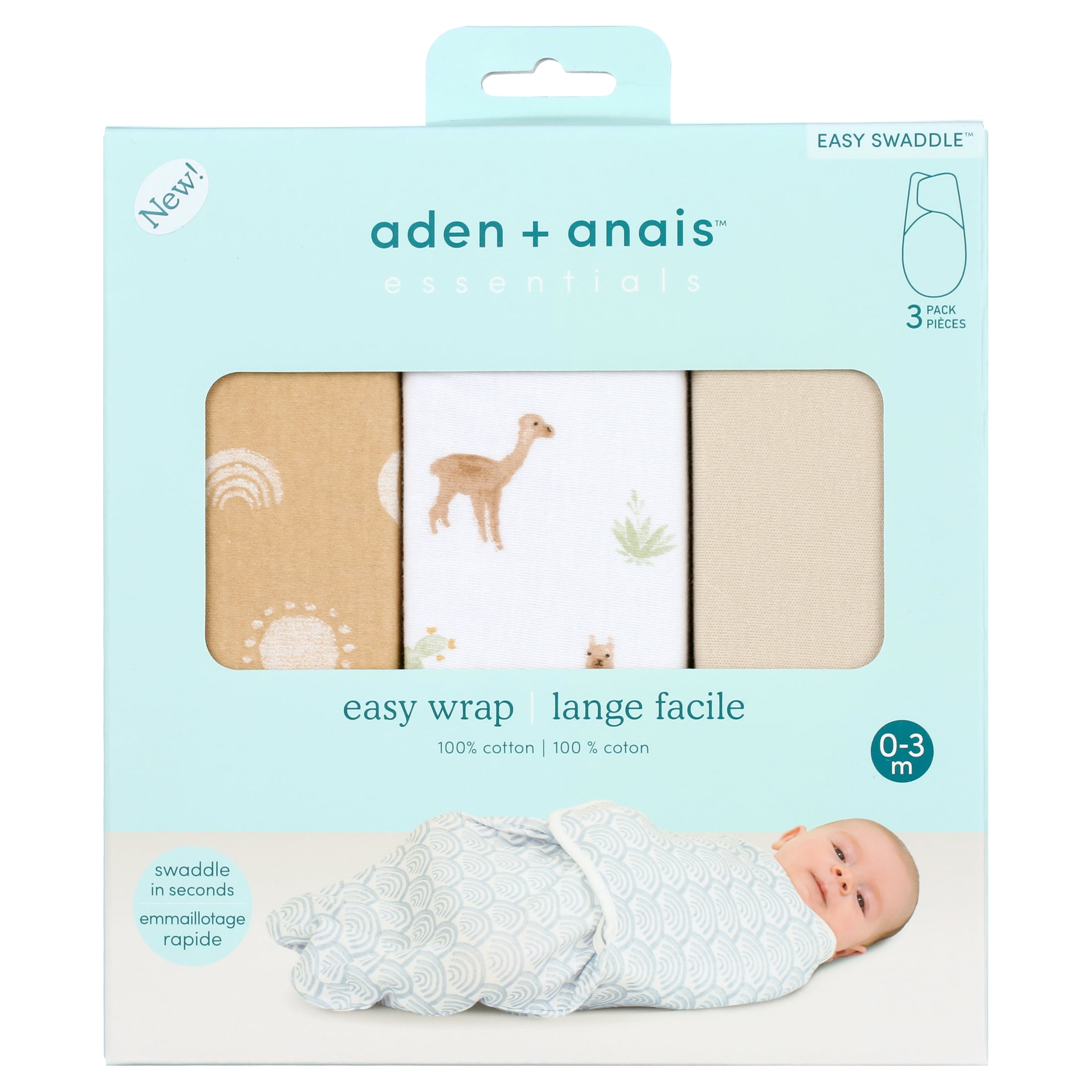 aden + anais Essentials No Zip Wrap Swaddles, Desert Sun, Tan, Unisex, Newborn, 0-3 Months, 3-Pack