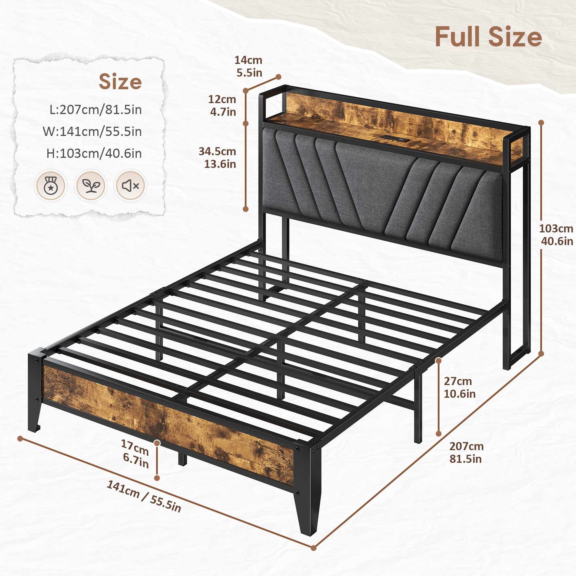 EnHomee Full Size Bed Frame with Headboard Full Bed Frame with Storage  & Charging Station, Vintage Brown