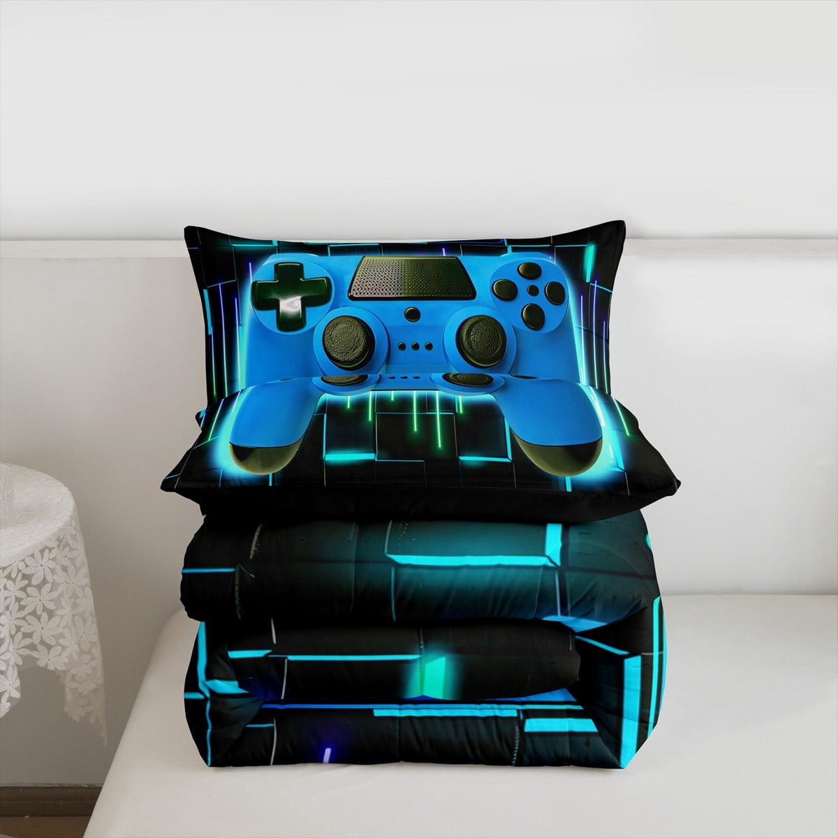 Blue Gaming Full Size Comforter Sets - Gamer Comforter Full Size Bedding Set, Neon Lights Abstract Geometry Design Gamer Room Decor