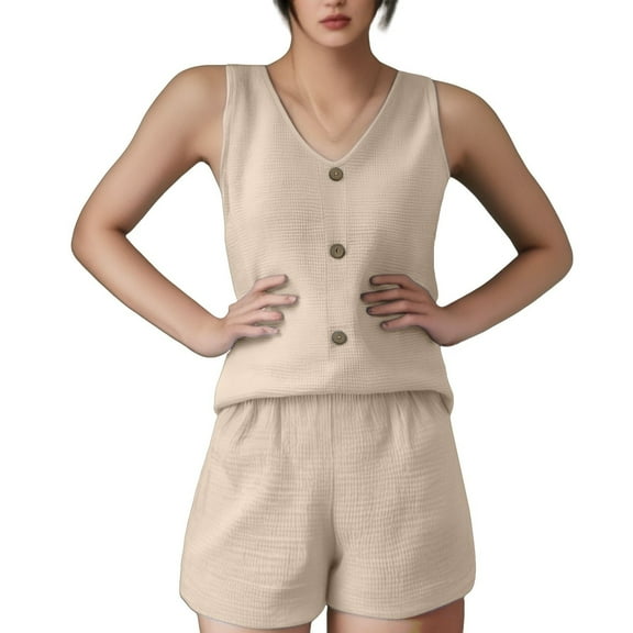 GILIGEGE 2 Piece Sets for Women Two Piece Outfits for Women 2025 V Neck Vest and Shorts Loose Casual Two Pieces Set Short Sets Casual Outfits for Women Beige L