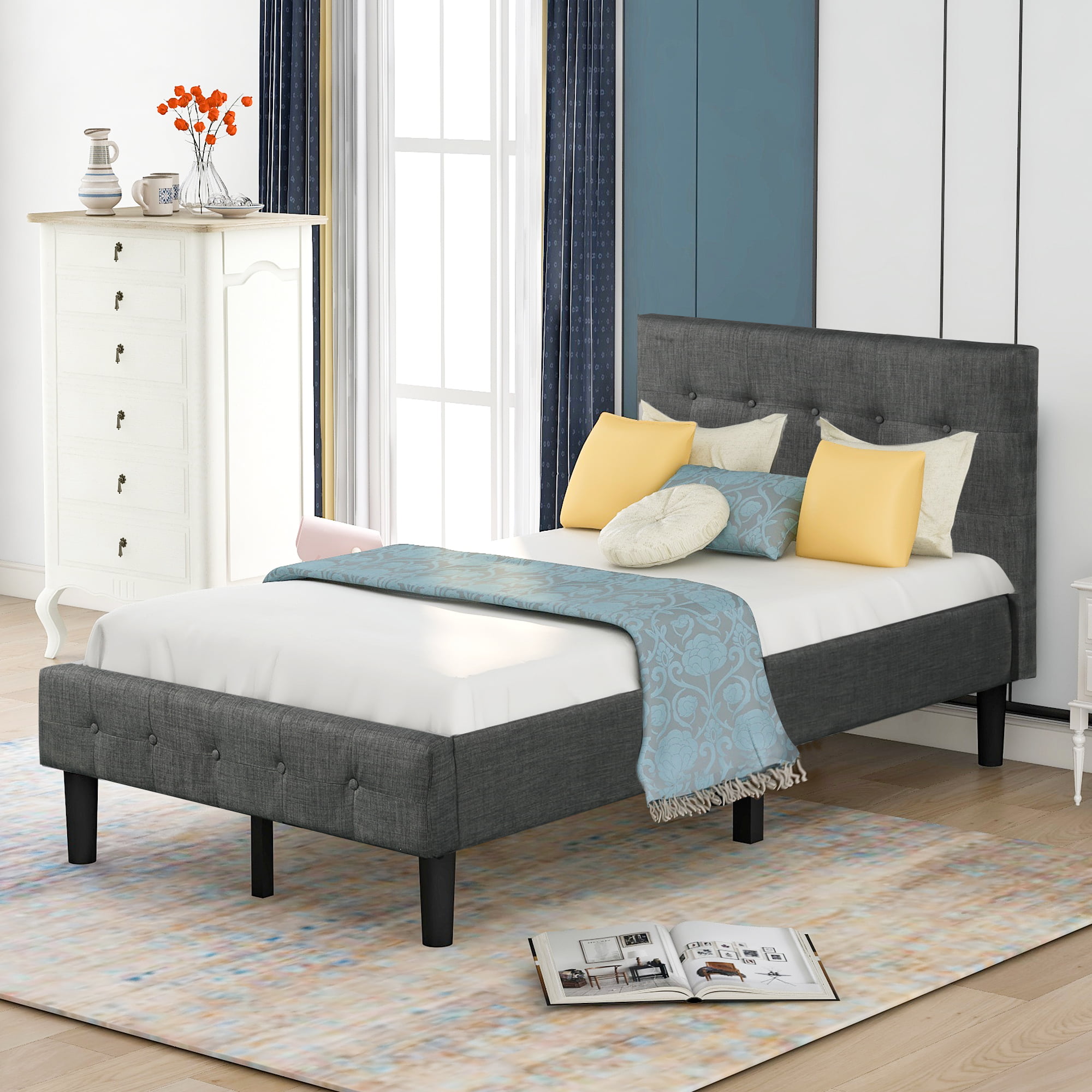 Twin Size Platform Bed Frame w/Tufted Headboard Gray Upholstered Bed Wood Frame 