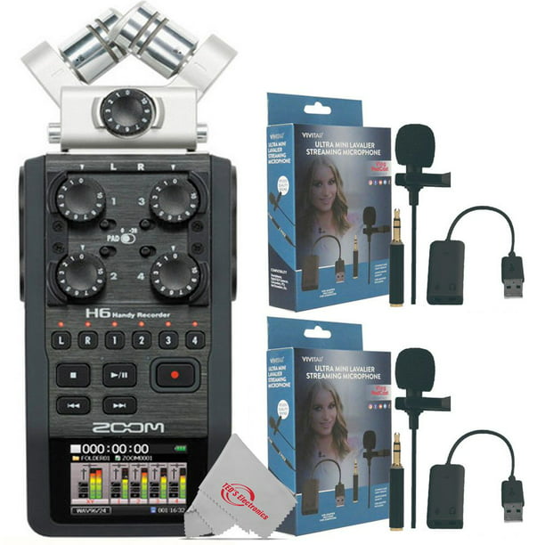 Zoom H6 All Black (2020 Version) 6-Track Portable Recorder with 2 Pack Mini  Lavalier Microphone
