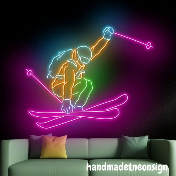 Handmadetneonsign Man Skiing Neon Sign, Skiing Sport Led Light, Skiing Wall Art, Home Wall Decor 67680