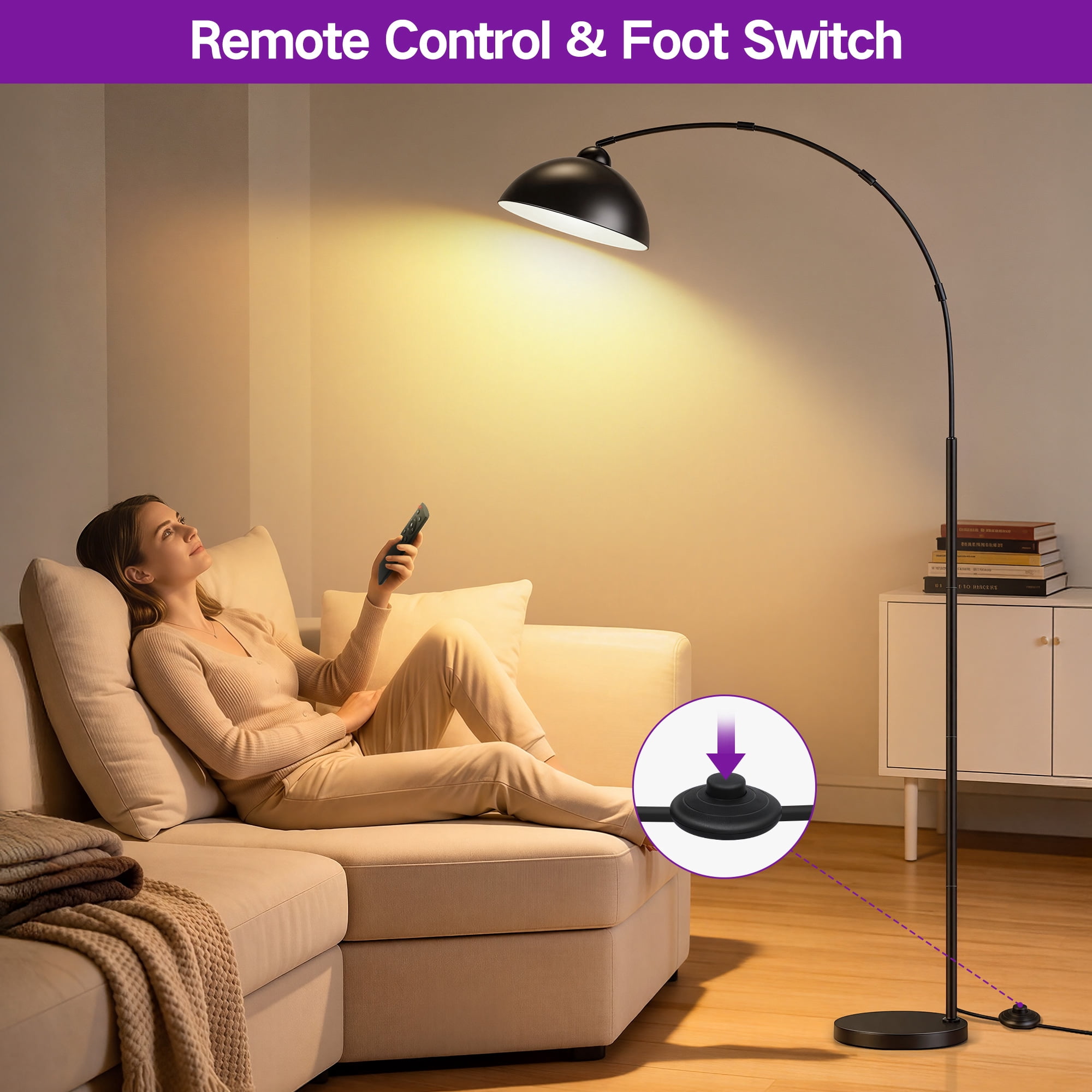 OUTON Arc Floor Lamp with Remote for Living Room, LED Dimmable Modern Standing Lamps with 4 Color Temperatures, Tall Light for Bedroom, Black