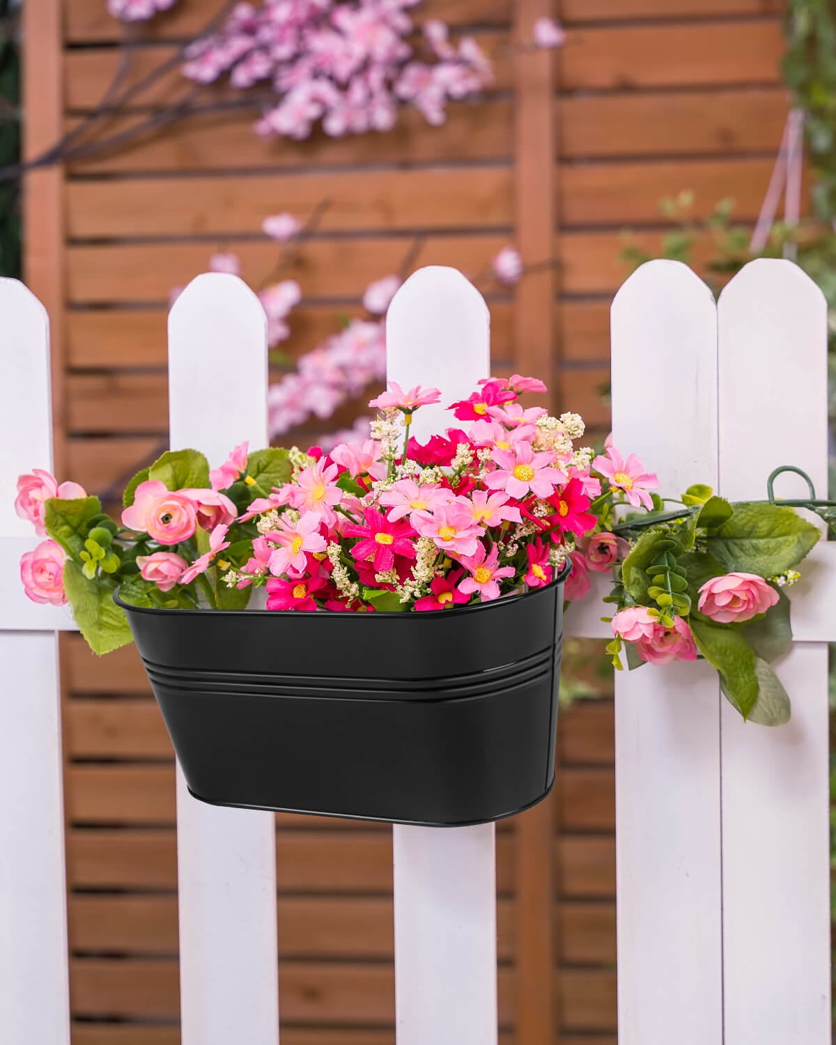 Metal Railing Planter for Outdoor Plants - 3 Pack Balcony Hanging Planter Box with Detachable Hooks and Drain Holes Oval Hanging Pots Fence Planters for Railing Garden Fence, Black