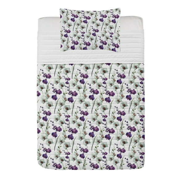 Watercolor Flower Microfiber Bedspread Set, Wild Orchid Family Flowerpot Plants with Blooms Romantic Floral Art, Soft Bedding Set with Pillow Shams & Comforter, 3 Sizes, Purple White, by Ambesonne