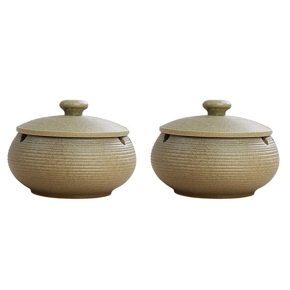 2X Ceramic Ashtray with Windproof Lid for Indoor Outdoor Use -Green