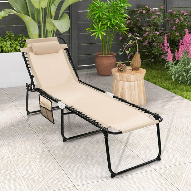 Reposera Plegable Costway Patio Silla Reclinable Plana Portátil 4 Niveles Bolsillo Lateral Reposacabezas Desmontable