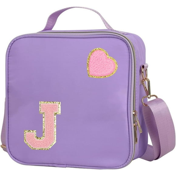 shiyou-Insulated Nylon Lunch Box for Girls, Kids, and Women-Stylish Purple Preppy Large Lunch Bag with Adjustable Strap (Letter J), Tote for School, Travel, and Picnics-Ideal Preppy Stuff Choice