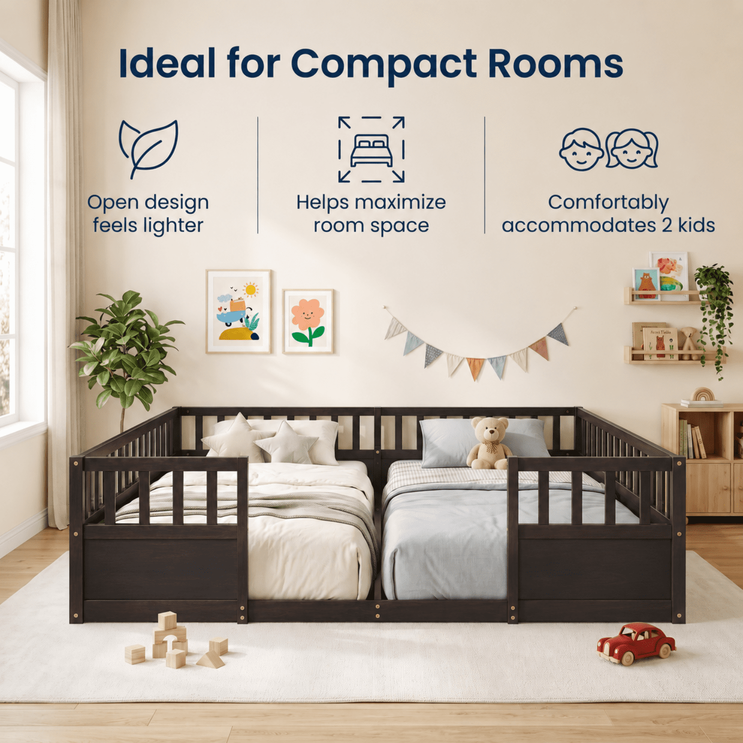 Miniyam Double Twin Size Floor Bed, Wood Kids Bed with Guardrails, Espresso