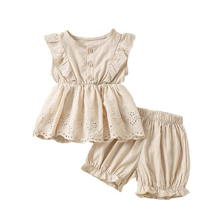

Arvbitana 2PCS Baby Girls Summer Outfits Sleeveless Crew Neck Button Down Ruffle Tops + Shorts Set 0-24 Months