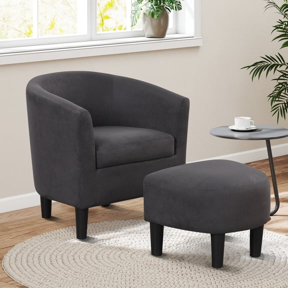 Bonzy Home Fauteuil d'Appoint avec Ottoman, Fauteuil Club Tonneau avec Repose-Pieds et Dossier Incurvé, Fauteuil Rond en Tissu avec Siège en Mousse Rembourré pour Salon, Chambre, Lecture, Gris Foncé