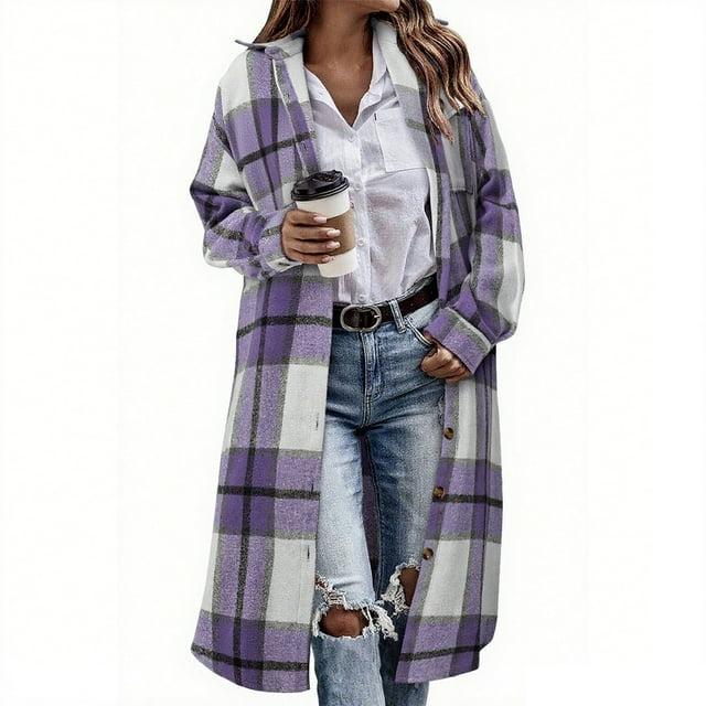 aohooy Oversized Knee Length Womens Jacket - Winter Long Flannel Button Up Plaid Lapel Checkered Shacket Trench Coat Purple,M