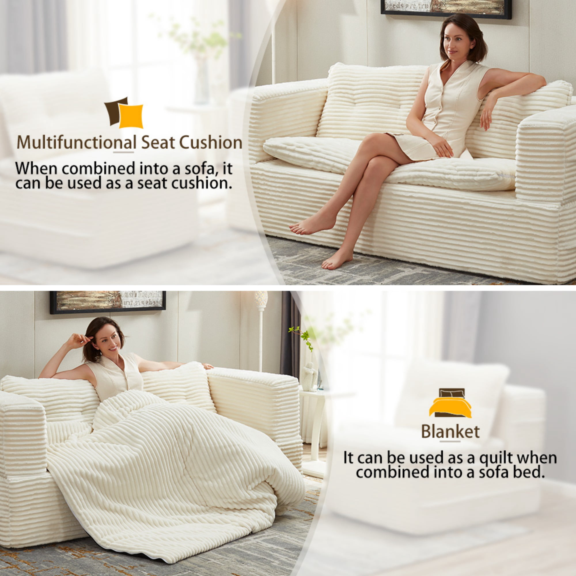 80" King Size Convertible Sleeper Sofa Bed with Independent Chaise Lounge,Multifunctional Plush Corduroy Sectional Sofa Couch for Living Room,Bedroom,Beige