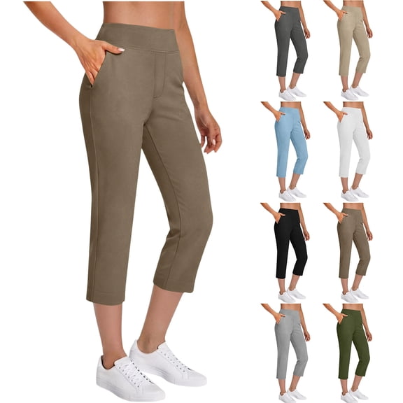 DENGDENG Capris For Women With Pockets Golf Pants High Waisted Stretch Pull On Ankle Business Casual Travel Athletic Work,XL,#03 Khaki