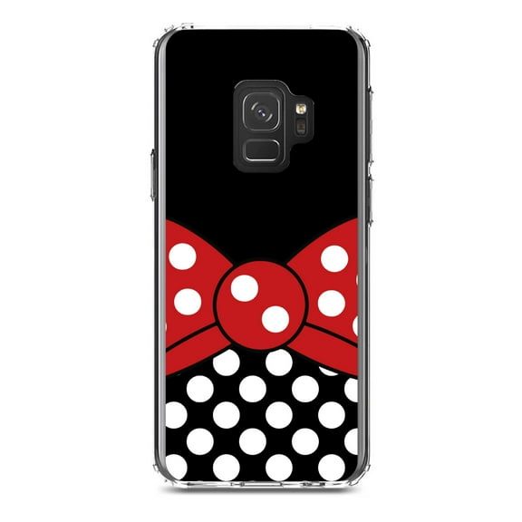DistinctInk Clear Shockproof Hybrid Case for Samsung Galaxy S9 (5.8" Screen) - TPU Bumper, Acrylic Back, Tempered Glass Screen Protector - Black White Polka Dot Red Bow Minnie