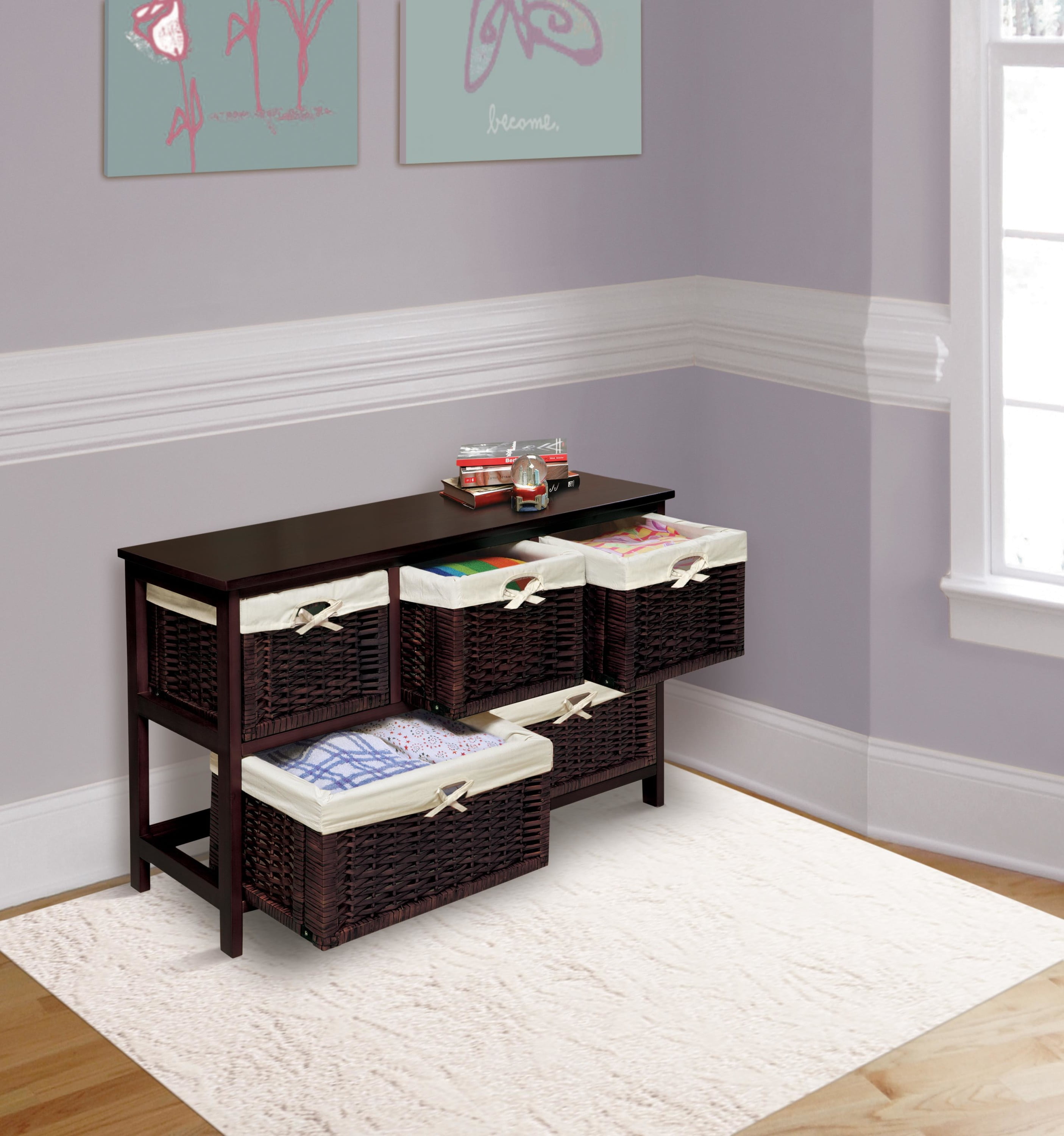 Espresso wooden storage cabinet with wicker baskets discount