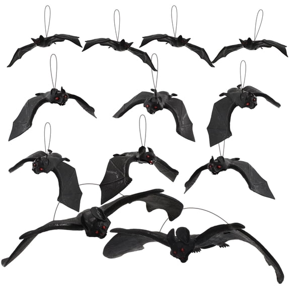 HUIANER 12Pcs Halloween Hanging Bats Decorations, 3 Sizes Realistic Spooky Black Rubber Bats for Halloween Party Supplies