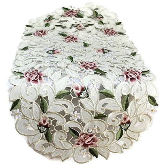Doily Boutique Light Pink Cut Work Roses Table Runner, Ivory Fabric, 34 x 15 Inches