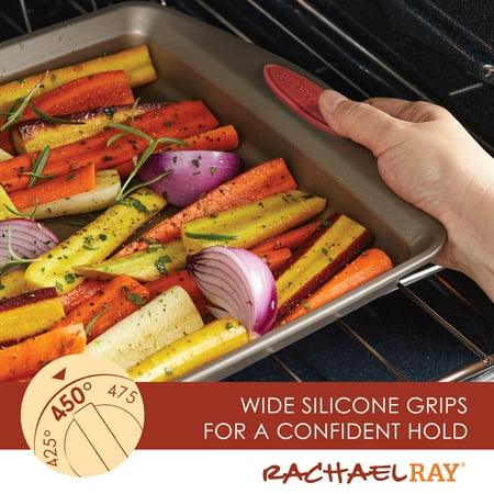 Rachael Ray - 2-Piece Nonstick Bakeware Crisper Pan Set - Latte Brown with Cranberry Red Handle Grips