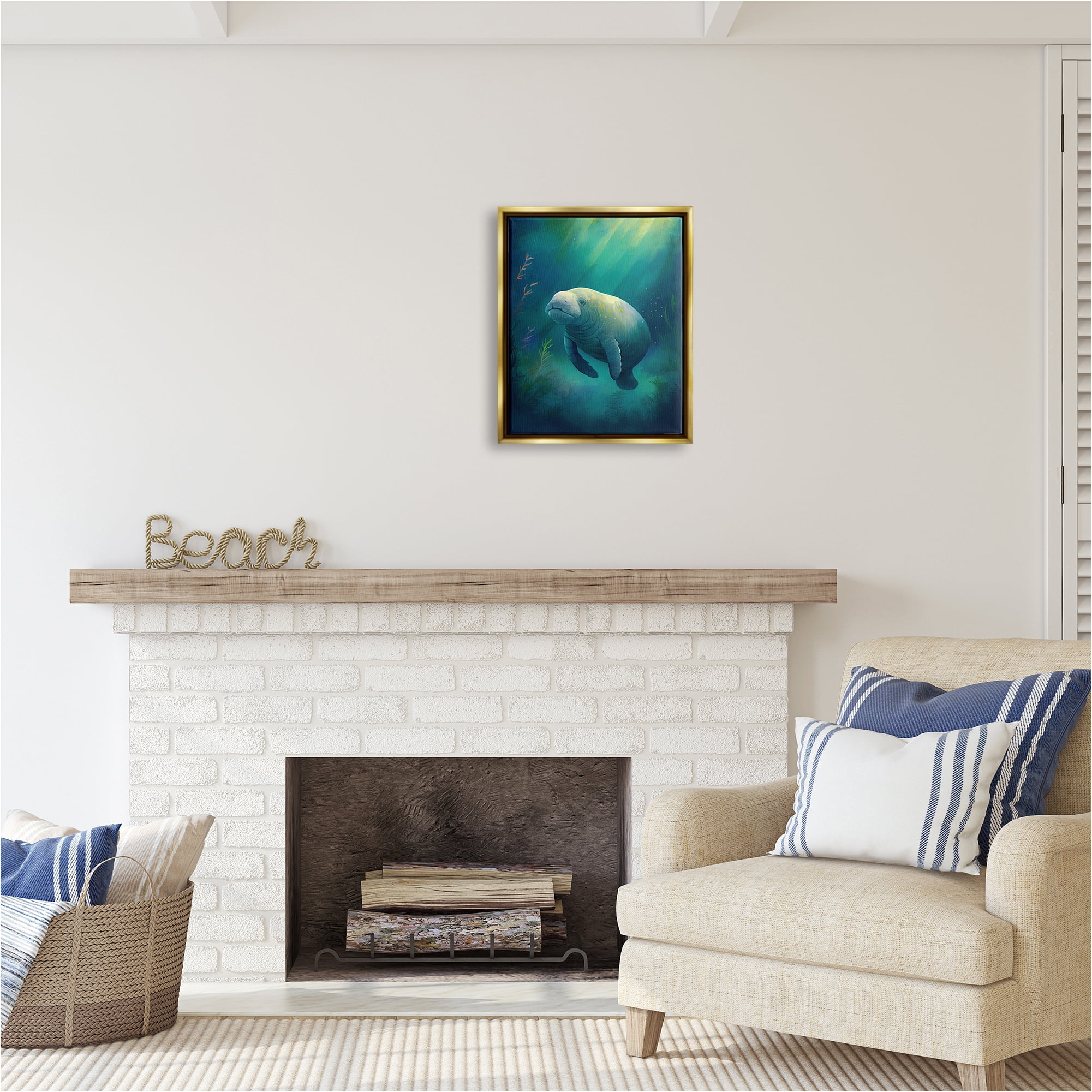 Stupell Industries Manatee Underwater View Animals & Insects Painting Gold Floater Framed Canvas Art Print Wall Art, 17 x 21