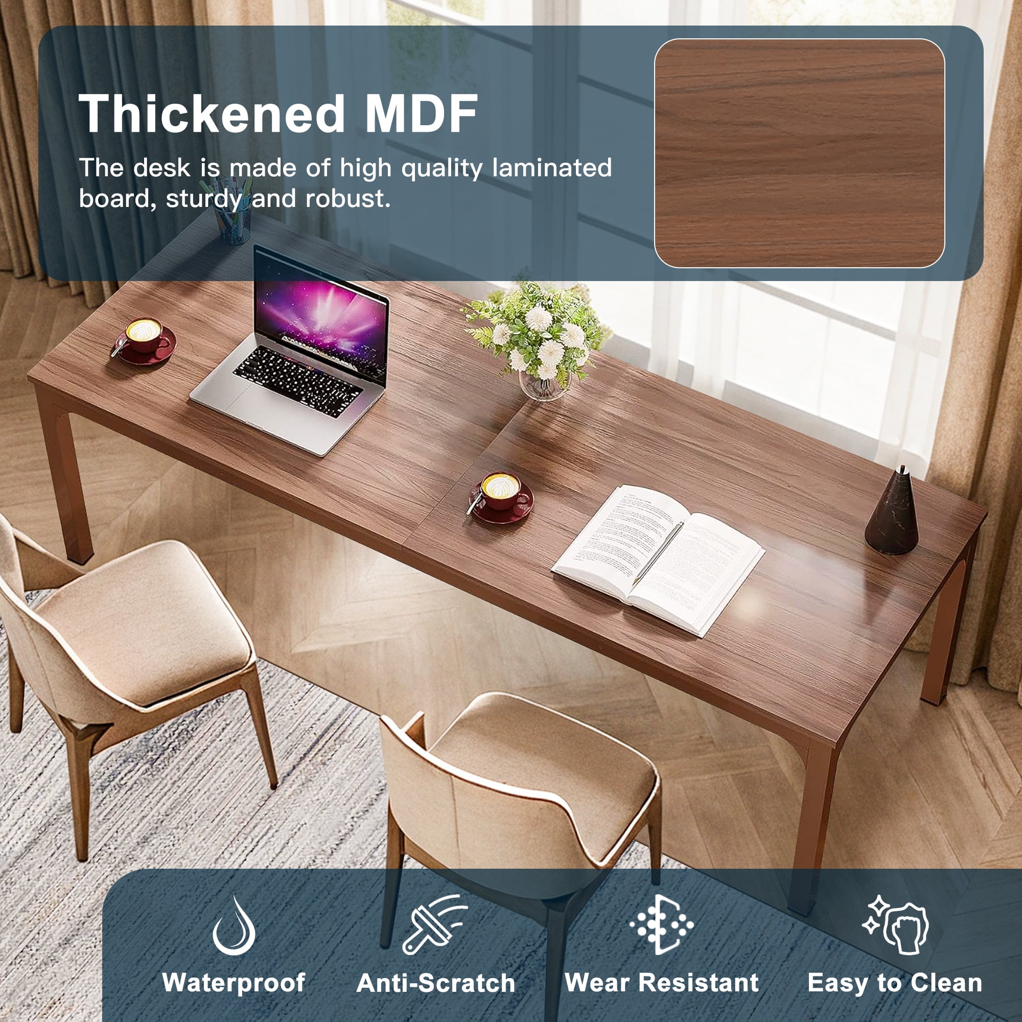 Demi Bonn 78" Farmhouse Dining Table, Wood Rustic Kitchen Table for 8 People, Large Rectangular Dinner Table for Dining Room, Home Office, Living Room Furniture, Brown